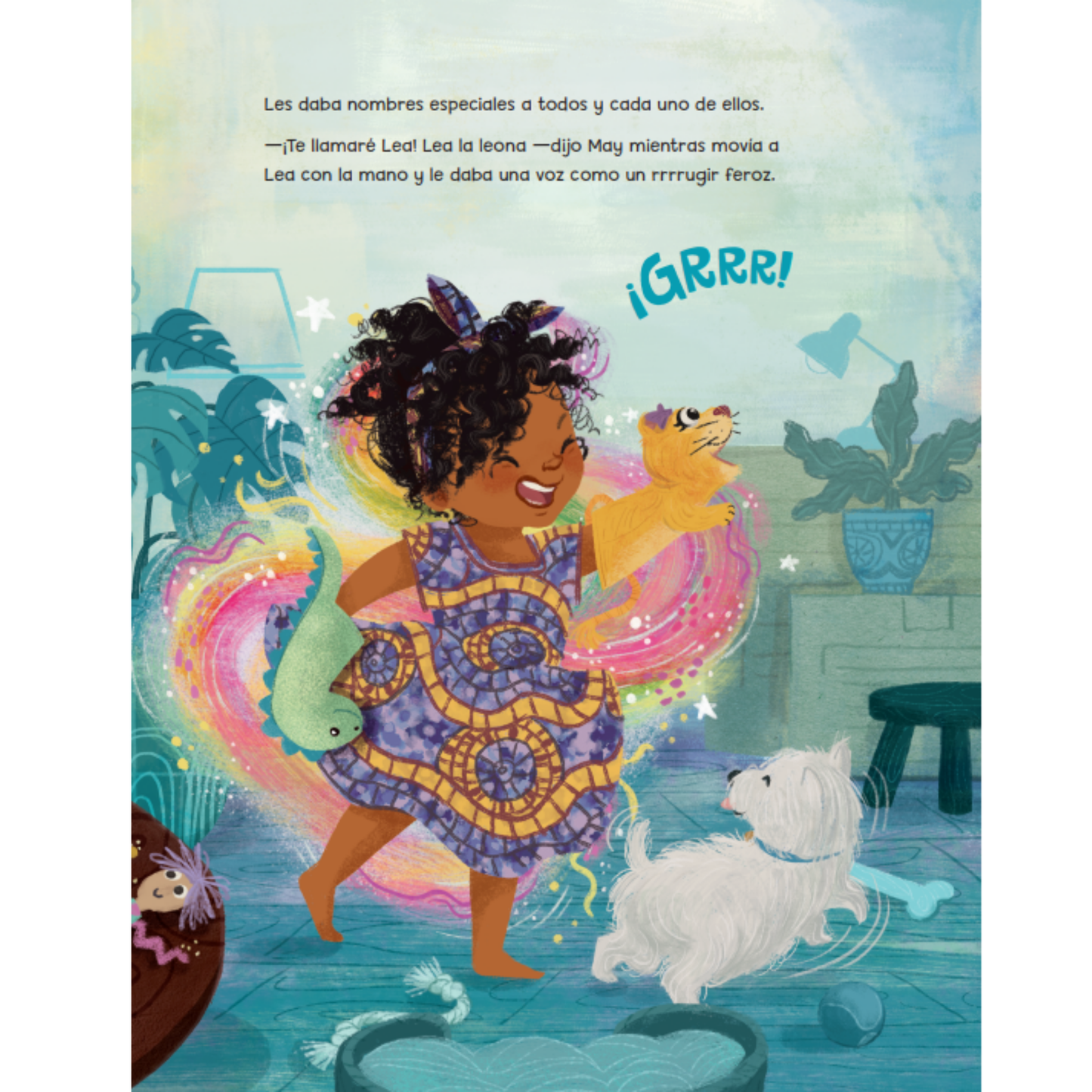 Inside preview of Brave Like a Lion children's book showing a young girl with curly hair running through water while wearing a purple and yellow patterned dress, with a green snake, a yellow cat, and a white dog around her. Spanish text appears at the top, along with the word '¡GRRR!' in blue.